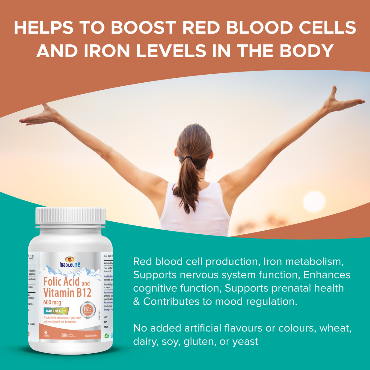 Folic Acid and Vitamin B12 600 mcg 90 Tablets MapleLife Nutrition