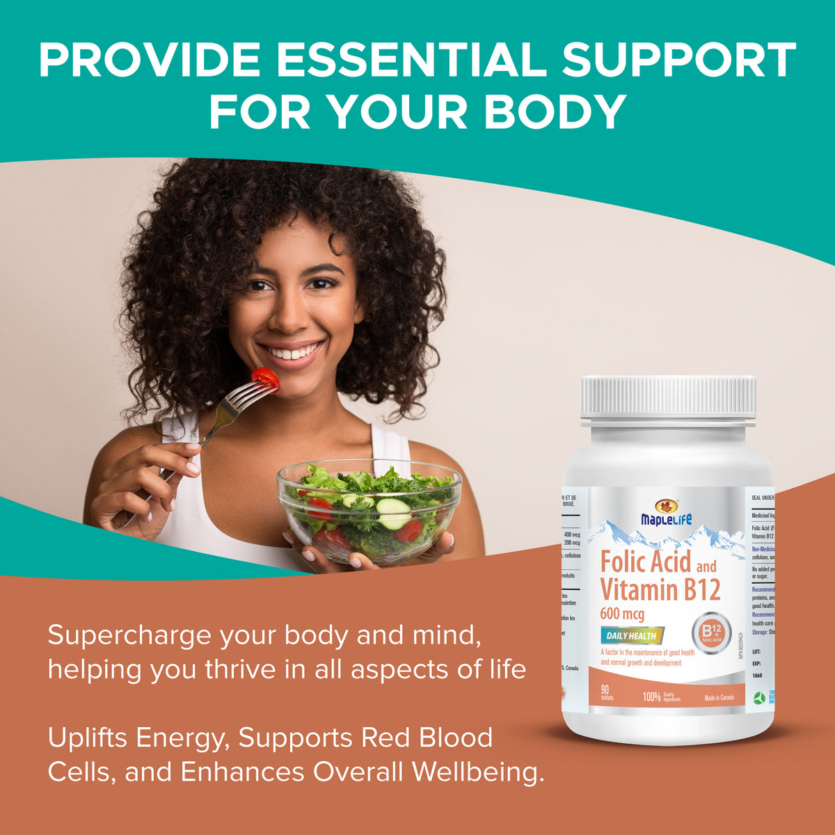 Folic Acid and Vitamin B12 600 mcg 90 Tablets MapleLife Nutrition