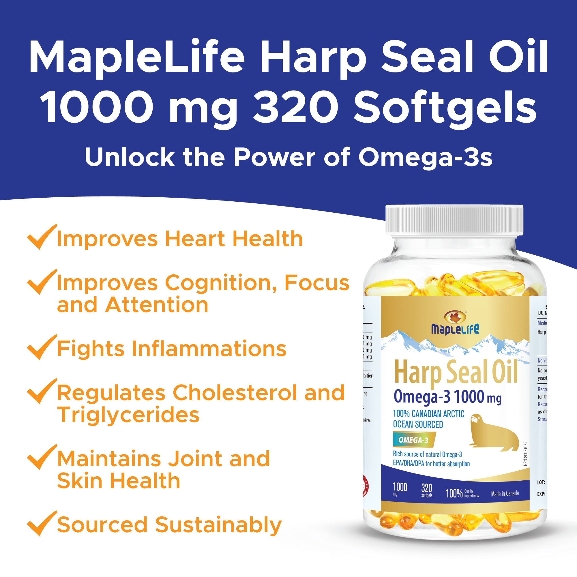 Harp Seal Oil Gold 1000mg 320 Softgels (Not Available for US Customers)