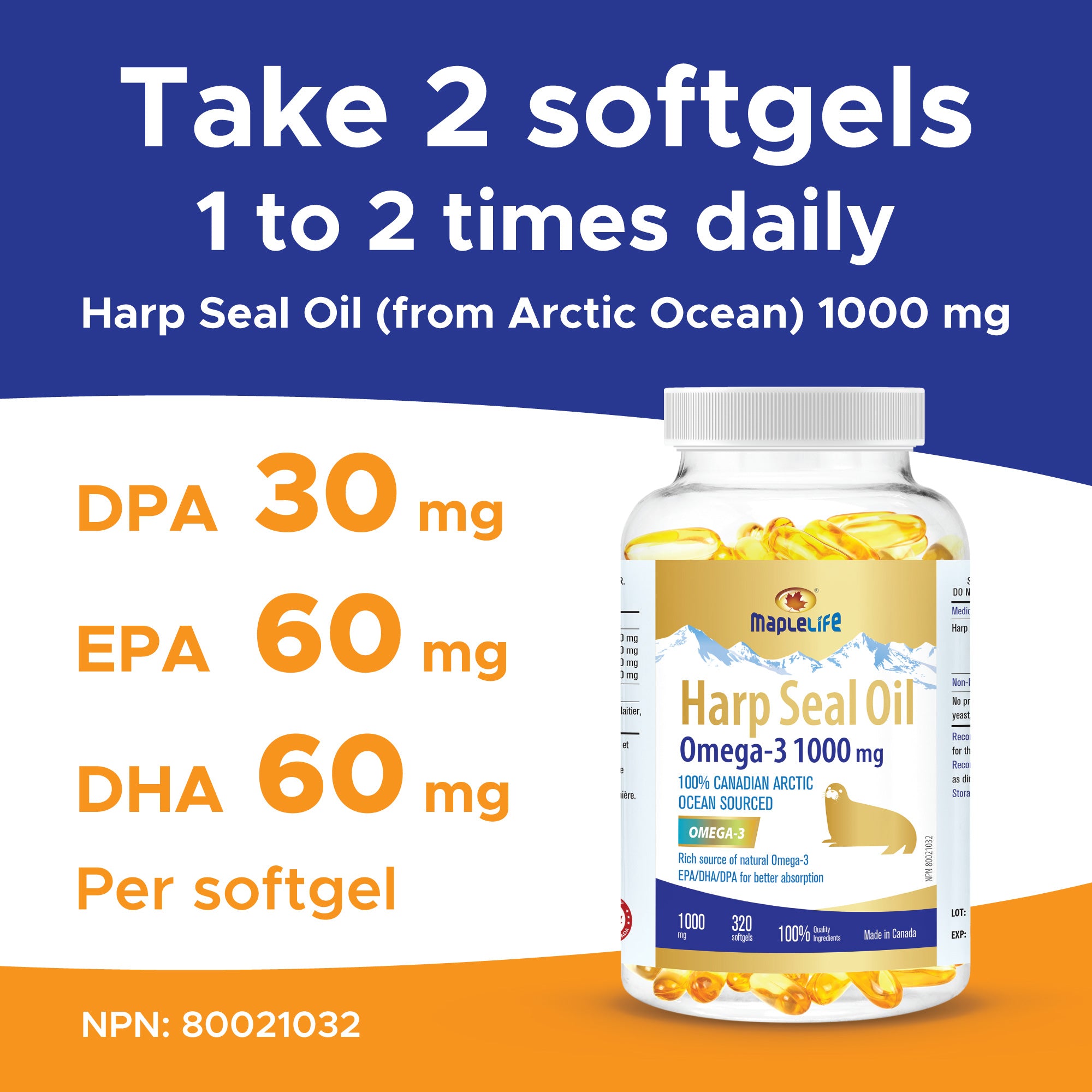 Harp Seal Oil Gold 1000mg 320 Softgels (Not Available for US Customers)