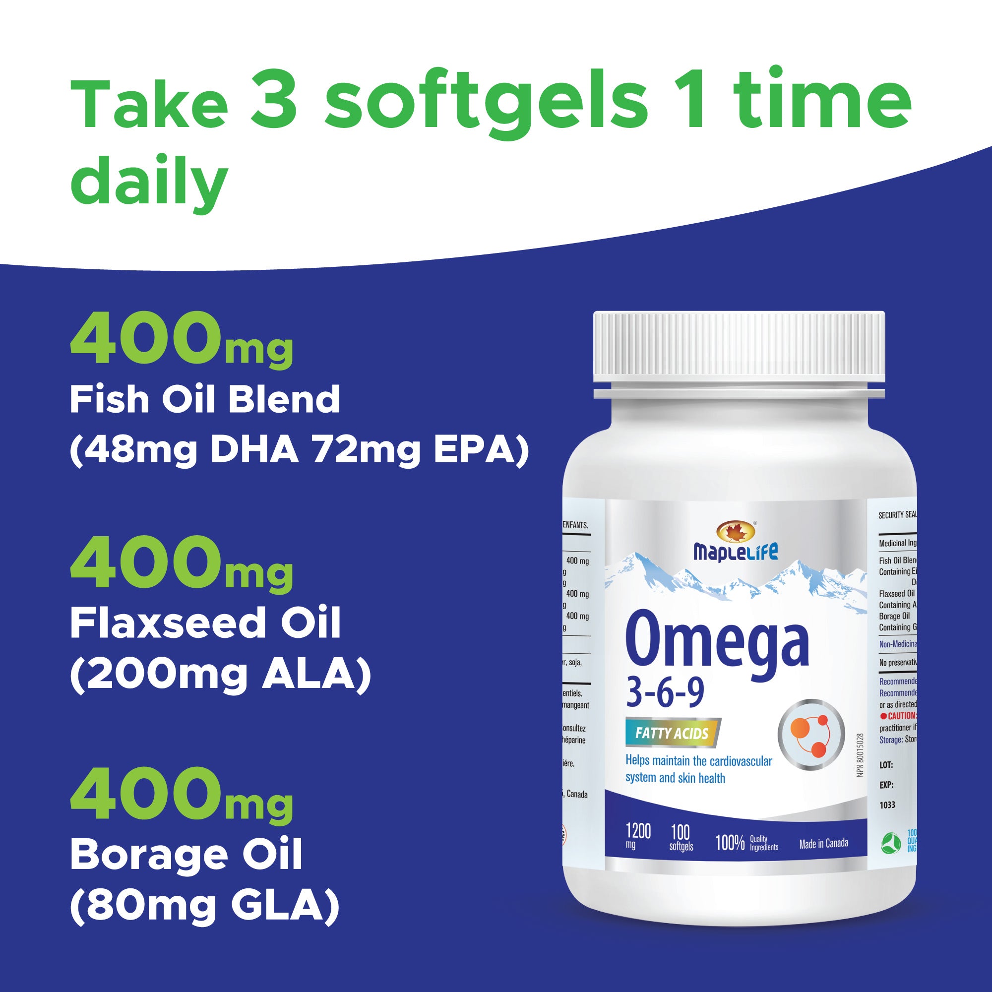 Omega 3-6-9 Flaxseed, Fish and Borage Oil Softgel, 1200mg 100 softgels