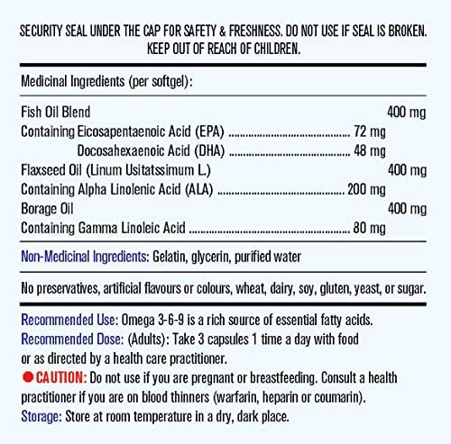 Omega 3-6-9 Flaxseed, Fish and Borage Oil Softgel, 1200mg 100 softgels Ingredient Label