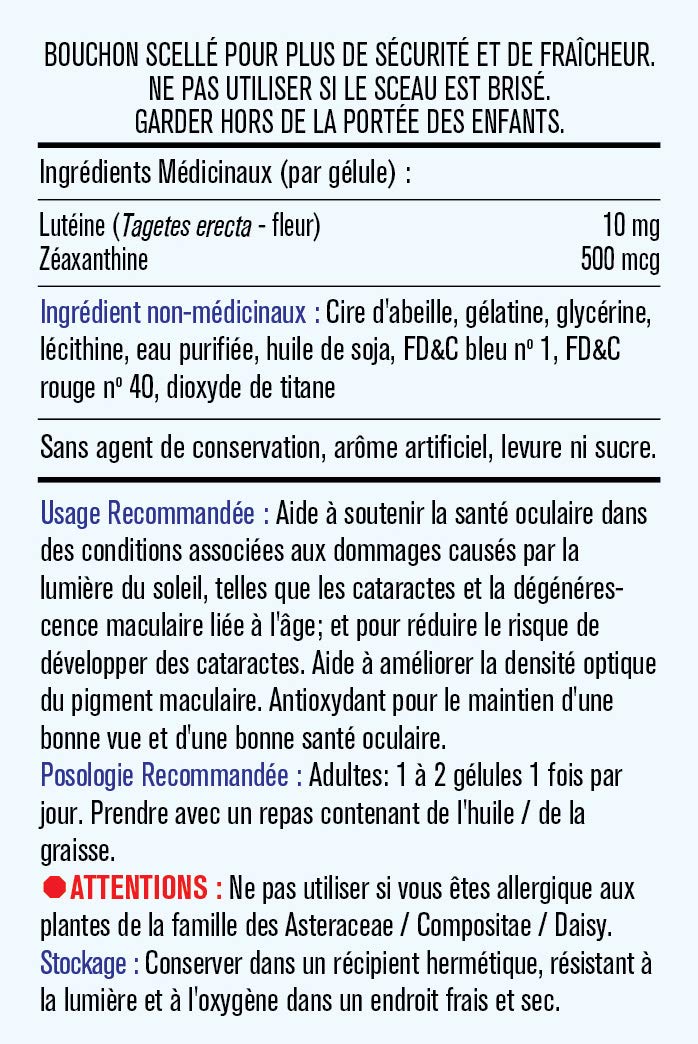 Lutein 10mg with Zeaxanthin 60 Softgels Ingredient Label