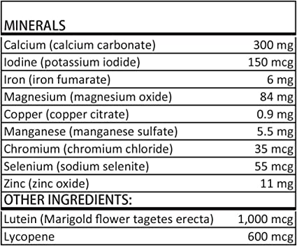 Men's Formula Multivitamin and Mineral Supplement 90 tablets Ingredient Label