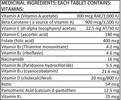 Men's Formula Multivitamin and Mineral Supplement 90 tablets Ingredient Label