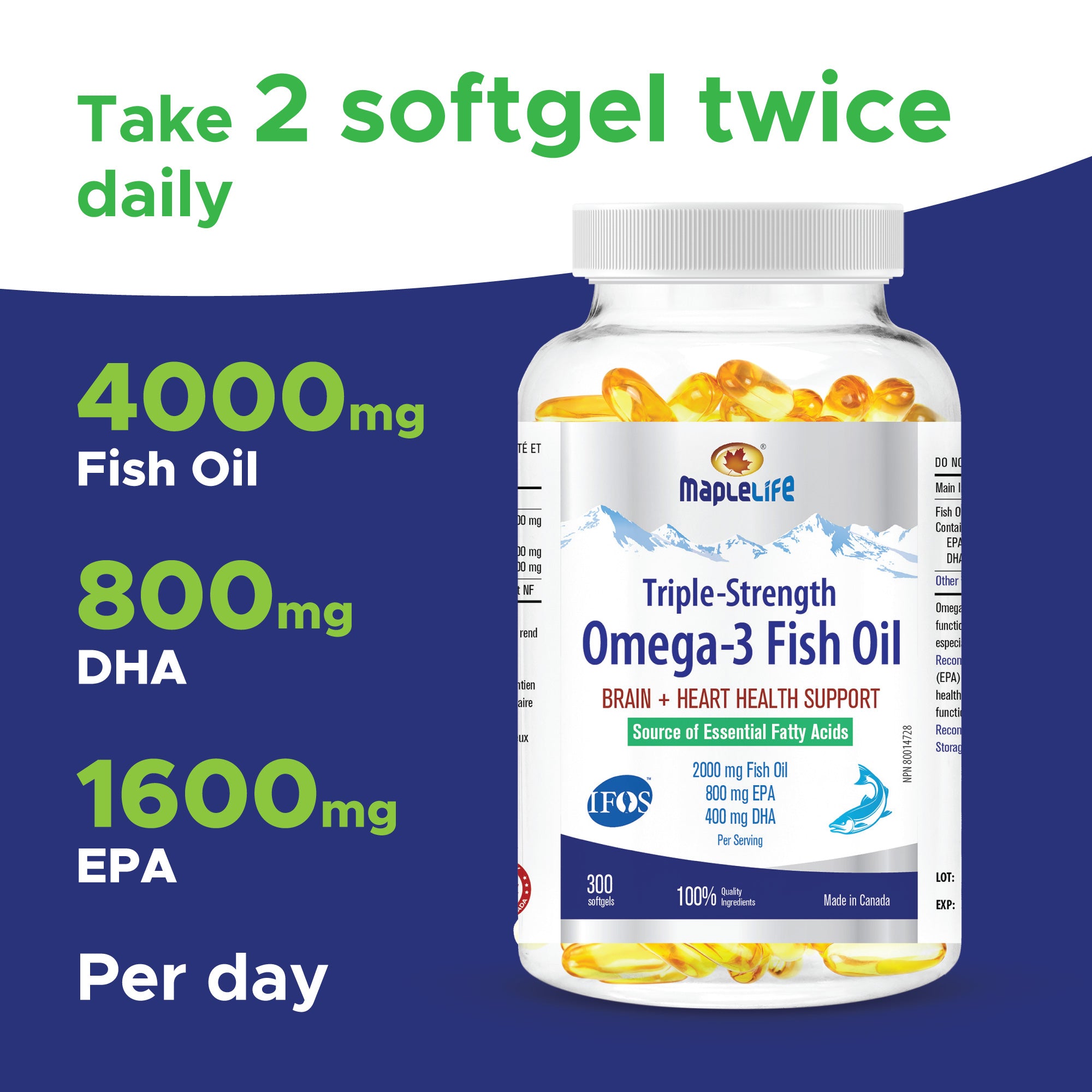 Triple-Strength Omega-3 Fish Oil 2000mg 300 Softgels