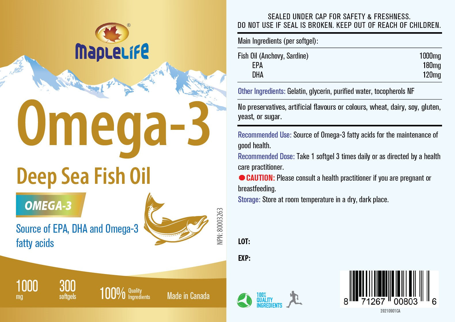 Omega-3 Deep Sea Fish Oil 1000 Mg 300 Softgels