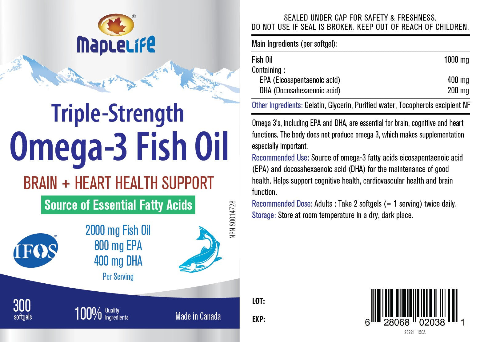 Triple-Strength Omega-3 Fish Oil 2000mg 300 Softgels